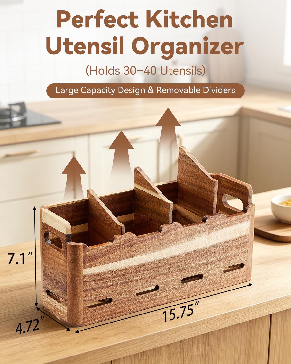 YEZHEXI Acacia Wood Utensil Holder for Kitchen Counter, 4-Compartment Large Kitchen Utensil Organizer, Wood Utensils Organizer for Cooking Tools and Silverware, Farmhouse Kitchen Decor