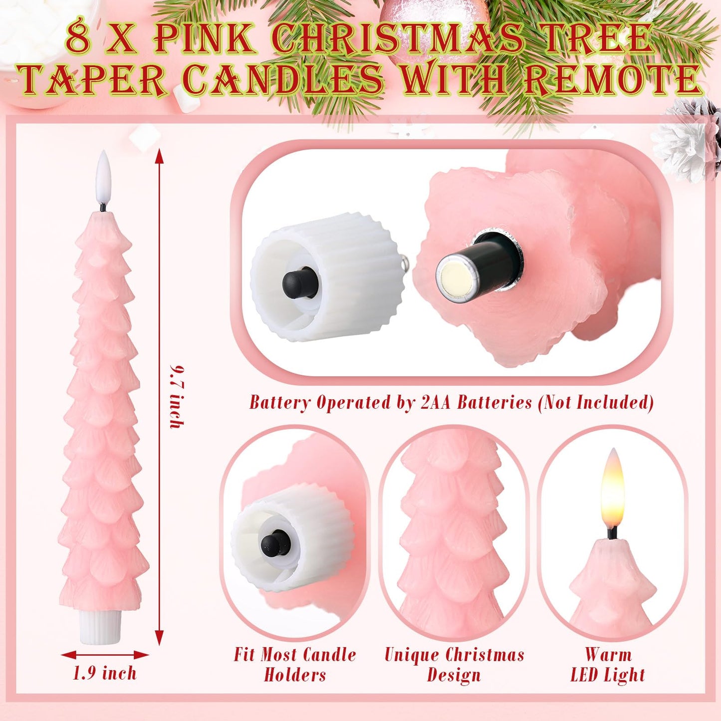 Tujoe 8 Pcs Pink Christmas Tree Flameless Taper Candles with Remote Xmas LED Candlesticks Battery Operated Electric Candlelights 3D Flickering Flame for Holiday Winter Party Table Centerpiece Decor