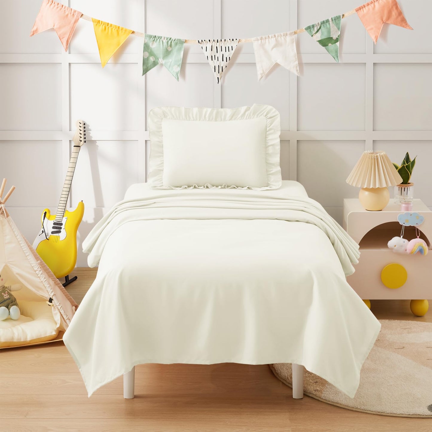 KKJIAF 3 Piece Toddler Sheet Set Microfiber, Includes a Flat Sheet, a Fitted Sheet and a Ruffle Pillowcase, Beige