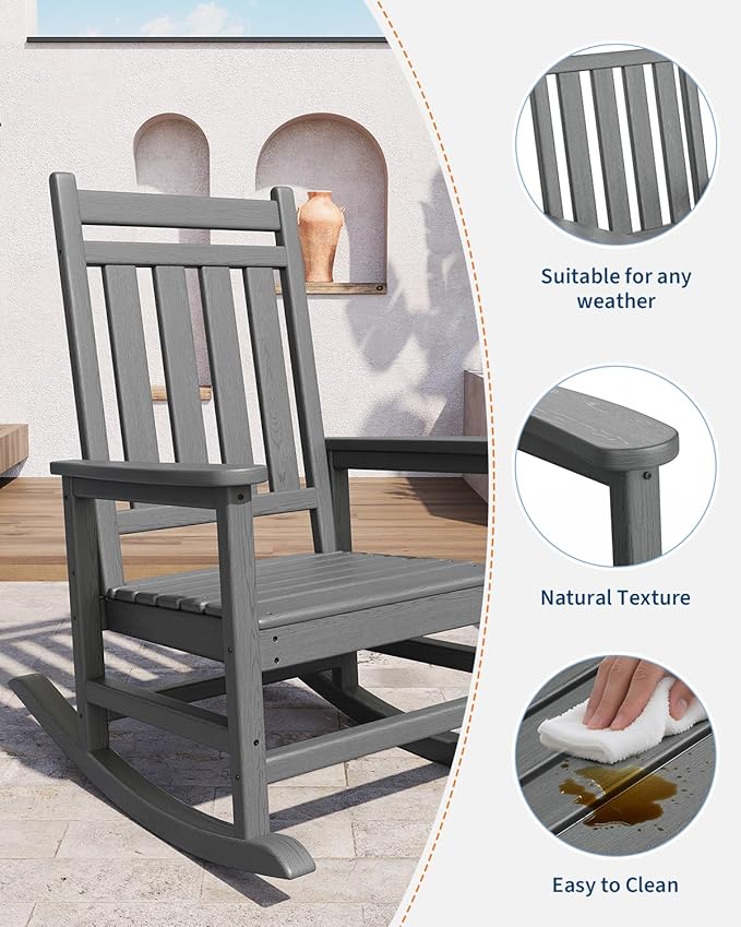 GarveeLife Poly Lumber Rocking Chair Outdoor Set of 4- HDPE High Back Porch Rocker Chairs for Adults - All Weather Resistant Furniture for Patio - Gray