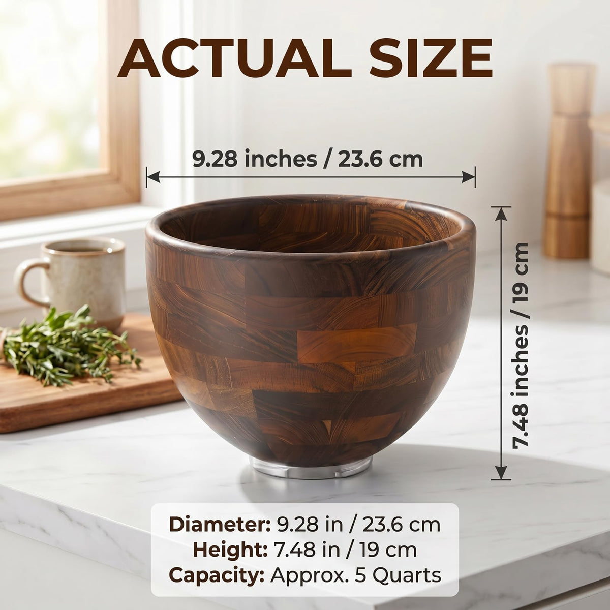 Binken Walnut Wooden Mixing Bowl Compatible with 4.5 & 5 QT Tilt-Head Stand Mixers, 5 Quart Natural Wood Dough Bowl for Baking, Kitchen Prep & Serving