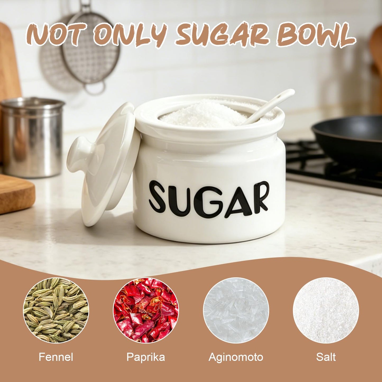 Obantrsz Sugar Bowl with Lid and Spoon, 10oz Ceramic Sugar Container Jar - Modern Farmhouse Style with Black Embossed Lettering for Coffee Bar, Tea Station, Kitchen Countertop & Dining Table Decor