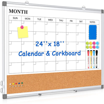 Monthly Calendar Whiteboard Dry Erase Cork Board Combo for Wall, 24" x 18" Double-Sided Calendar White Board and Bulletin Board, Portable Board for Office, Kitchen, School, Home