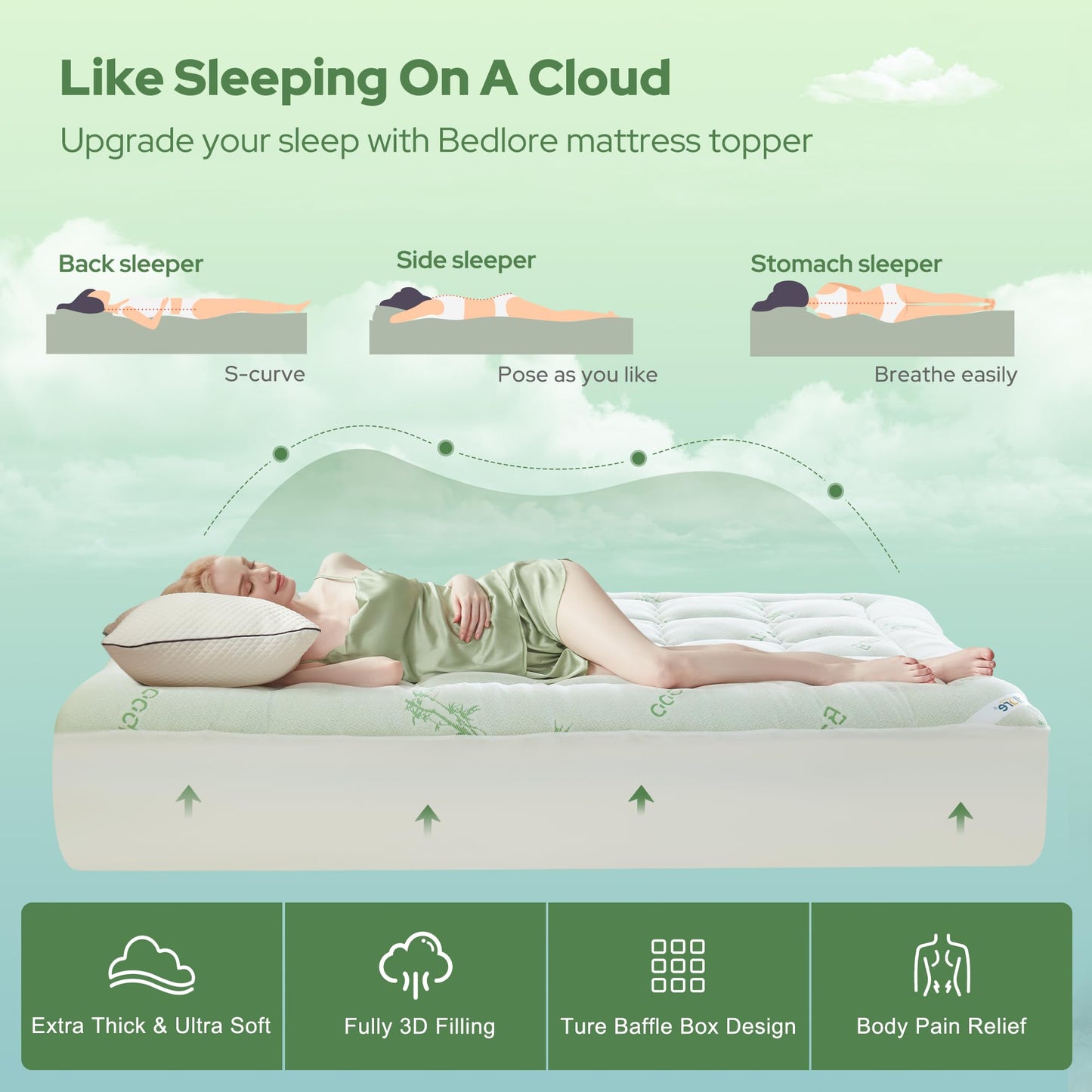 BEDLORE Queen Mattress Topper Viscose Derived from Bamboo, Thick Pillow Top Mattress Pad with Stretchable Pockets for 6-18 inches Mattress, Soft Mattress Topper for Back Pain Relief