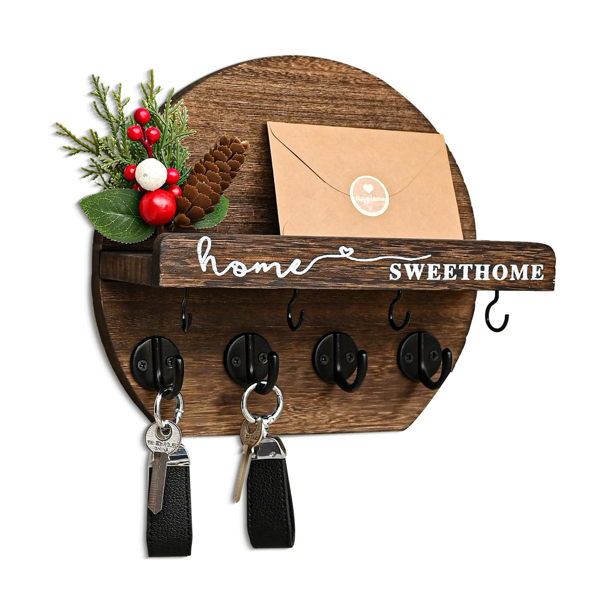 LEIRUOTM Key Holder for Wall, Key and Mail Holder Organizer - Key Holder Wall Mount with Bouquet Shelf and Key Hooks, Round Wooden Rustic Key Rack for Entryway and Home Decor (Brown)