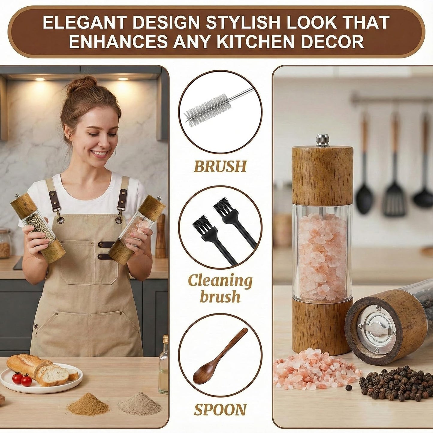 Forusom Acacia Wood & Acrylic Salt and Pepper Grinder Set, 8 Inch Adjustable Ceramic Core Mills, 2Pcs Premium Manual Spice Grinders for Gourmet Kitchens, Pepper Mill Set