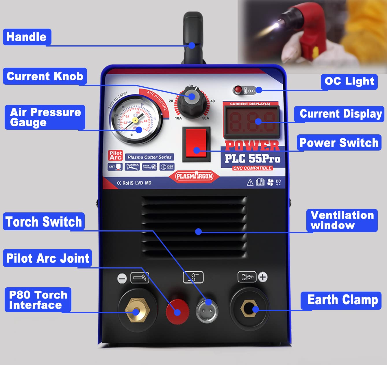 PLASMARGON PLC55Pro Plasma Cutter machine,110V/220V 55Amp Non-Touch Pilot Arc HF Air Power,Inverter IGBT 1/2 Inch Clean Cut LED Digital Display Plasma Cutting Machine