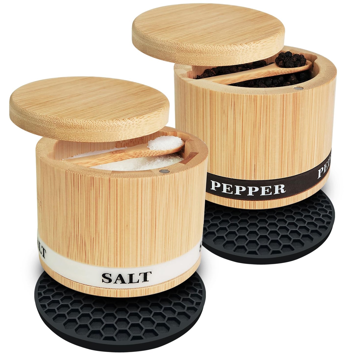 ThougrLyh Salt Box Bamboo Pepper and Salt Container with Swivel Lid and Spoons, Spice Cellar with Mat and Labels, Holder for Seasoning and Small Items, Dual 13 Oz Capacity