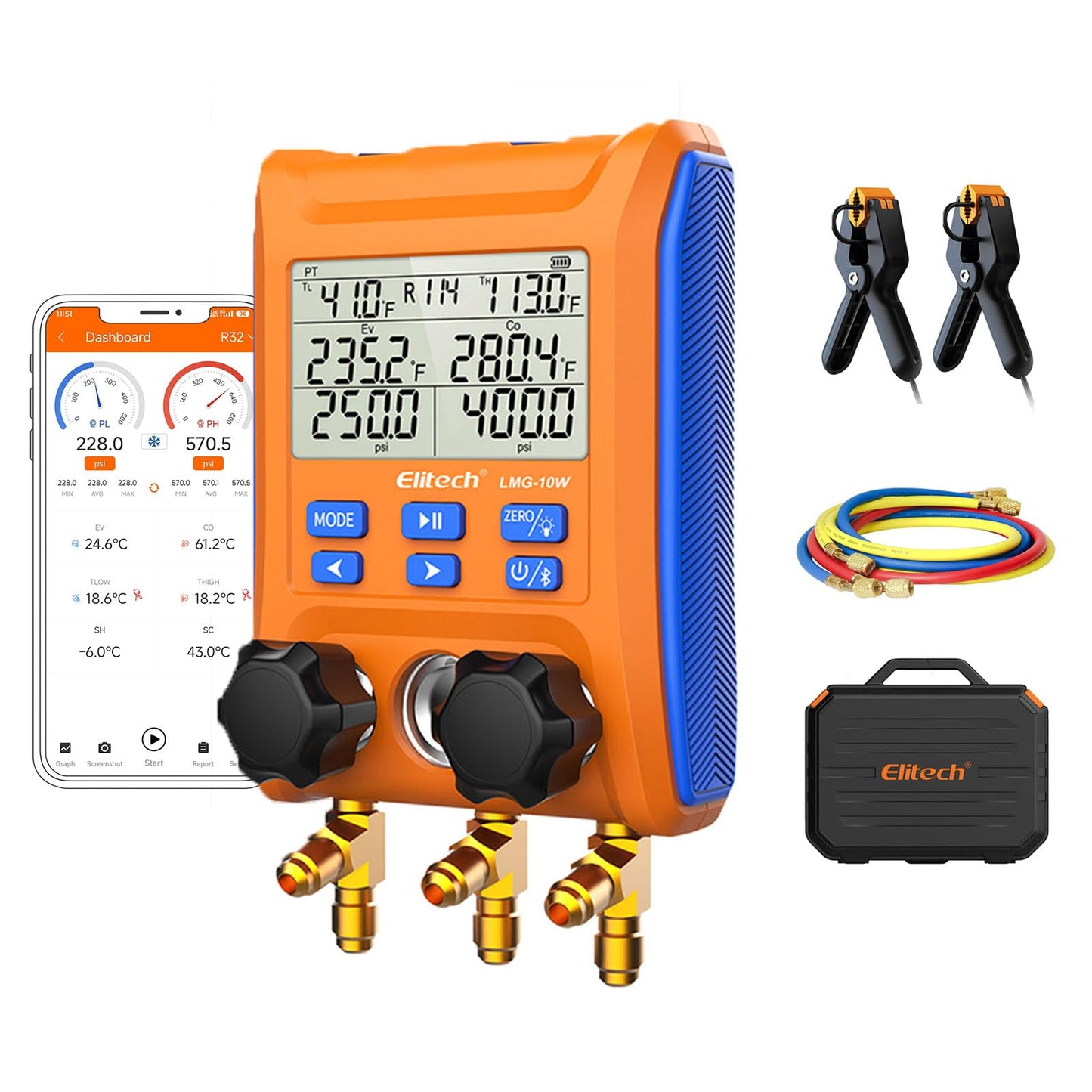 Elitech Wireless Digital Manifold Gauge Set Data Logging Refrigerant HVAC Gauges with Hoses, Temperature Clamps, LMG-10W