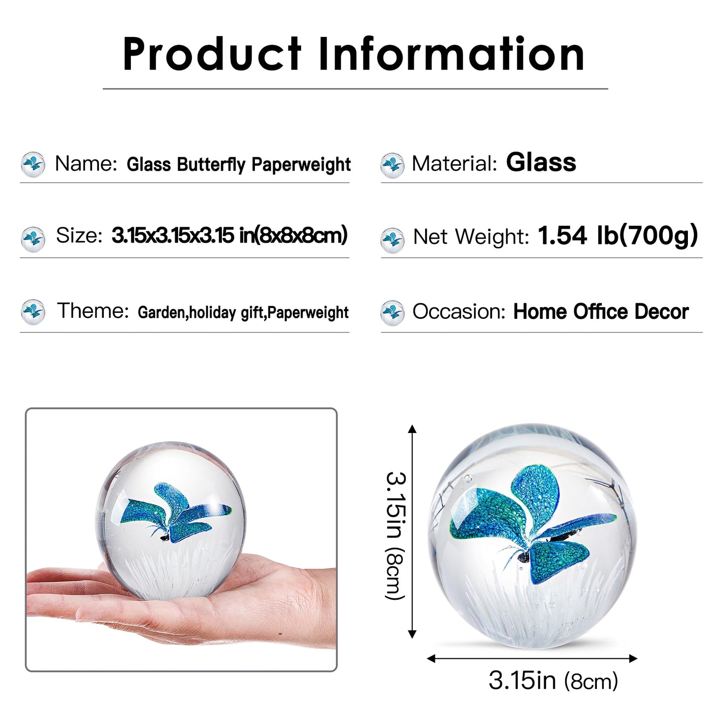 EUSTUMA Hand Blown Glass Butterfly Paperweight for Office Desk,Home Decor Collectible