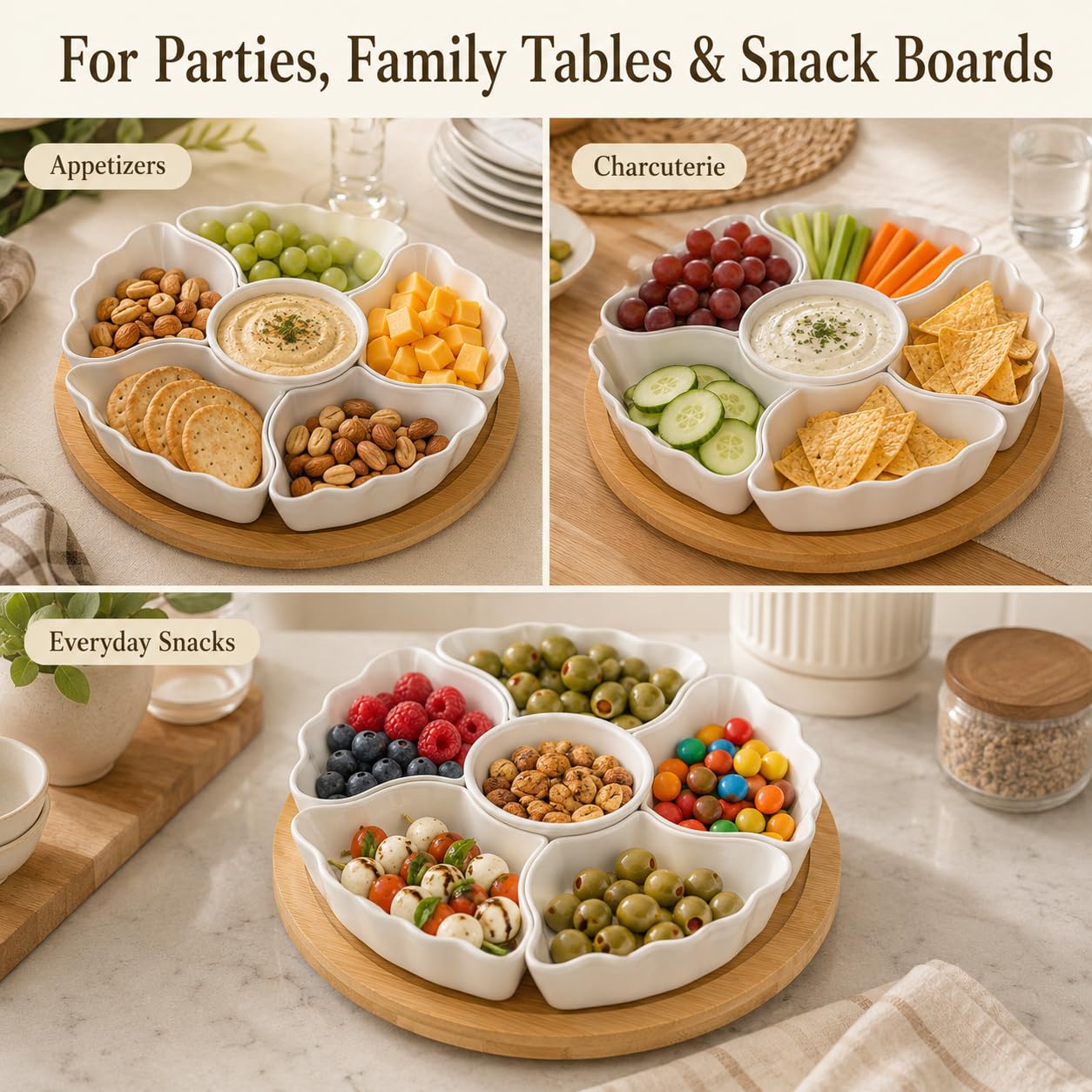 DLIM HOME 7-Piece Divided Serving Tray Set for Party, 12-Inch Rotating Serving Tray for Dining Table with Removable Dividers, Lazy Susan Platter for Charcuterie, Appetizers & Snacks