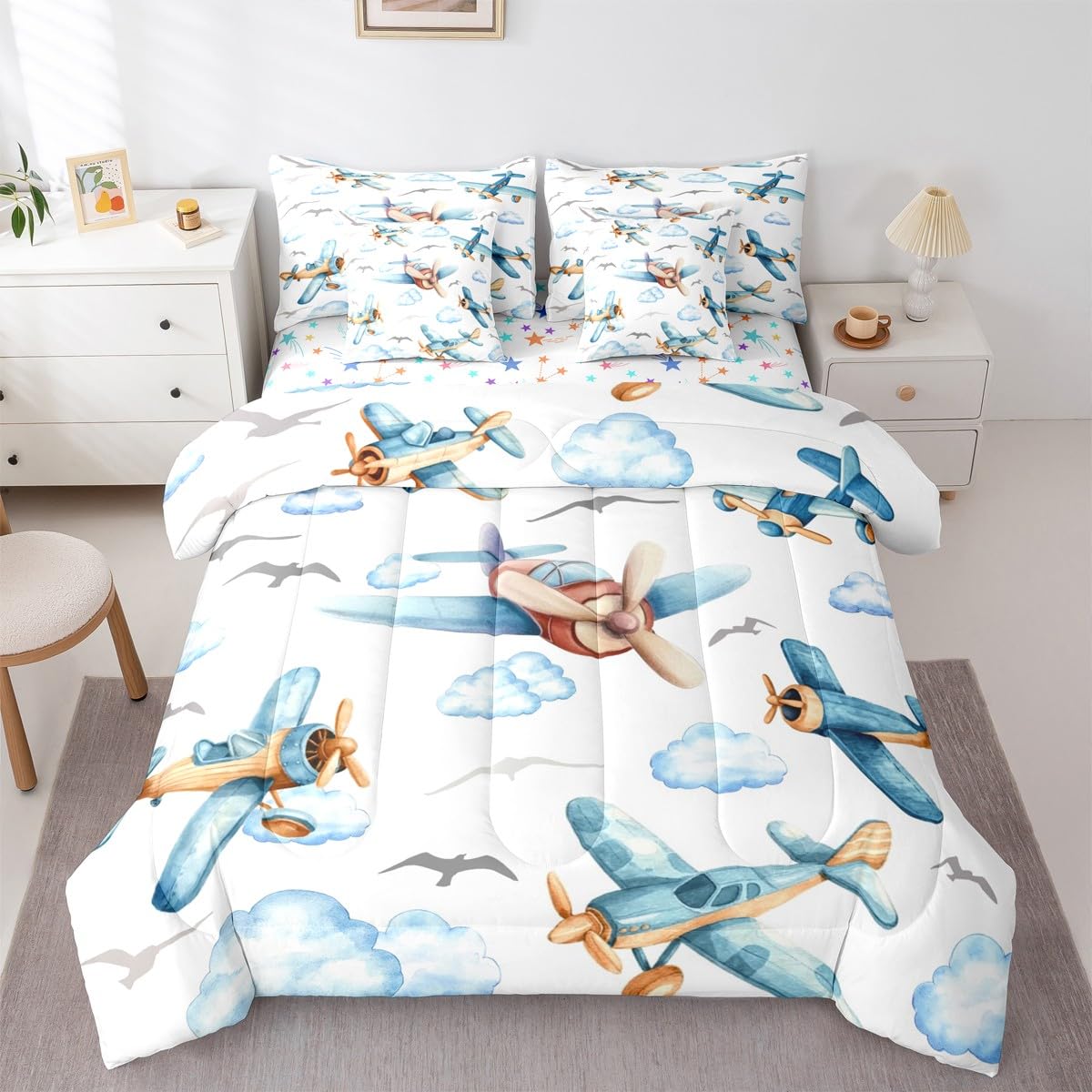 Erosebridal Boys Cartoon Propeller Plane Full 7 Pcs Bedding Set, Aircraft Airplane Comforter Set with Sheets, Blue Clouds Bed in A Bag for Kids Girls Adults Bedroom, Flying Birds Animals Bed Sets