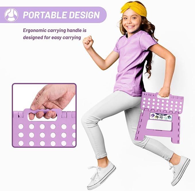 Delxo 9 inch Folding Step Stool, Non-Slip Foldable Small Stools Up to 300 LBS, Kids Step Stool with Handle Lightweight for Kitchen, Bathroom, Bedroom, Garden, Light Purple, 1PC