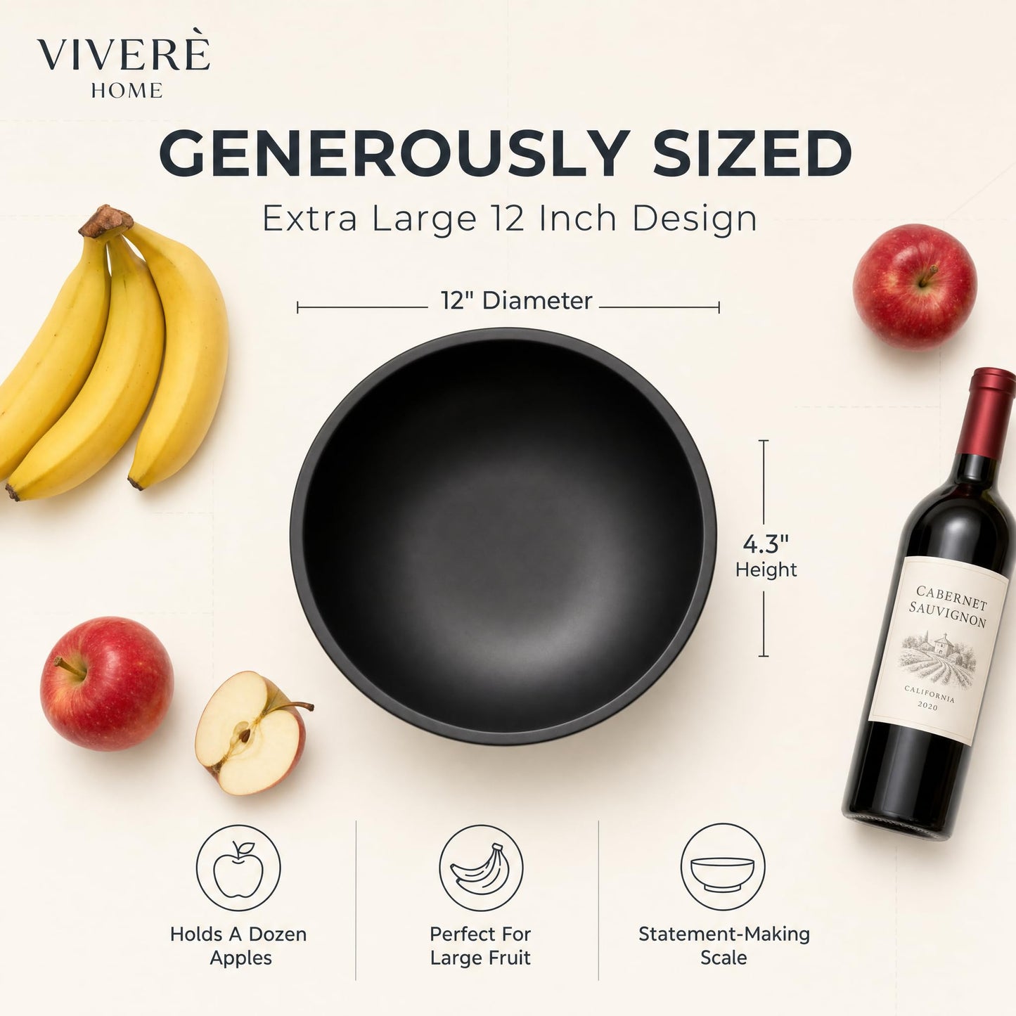 12" Concrete Extra Large Fruit bowl for Kitchen Counter, Coffee Table Decor, Decorative Key Bowl, Home Décor Accents, Kitchen Counter Decor Black
