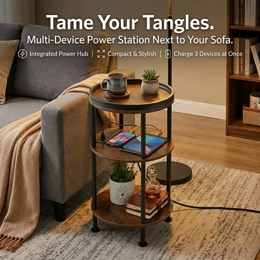 Small Round Side Table with Charging Station for Small Spaces, 3-Tier Round Accent Table with USB Ports & Power Outlets, Corner Table Sofa End Table for Living Room Bedroom (USB Charger, Rustic Brown)