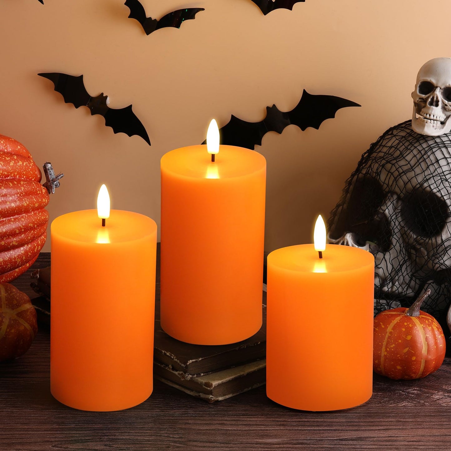 Eywamage Orange Fall Flameless Pillar Candles with Remote, Flickering Thanksgiving LED Wax Candles Battery Operated Set of 3