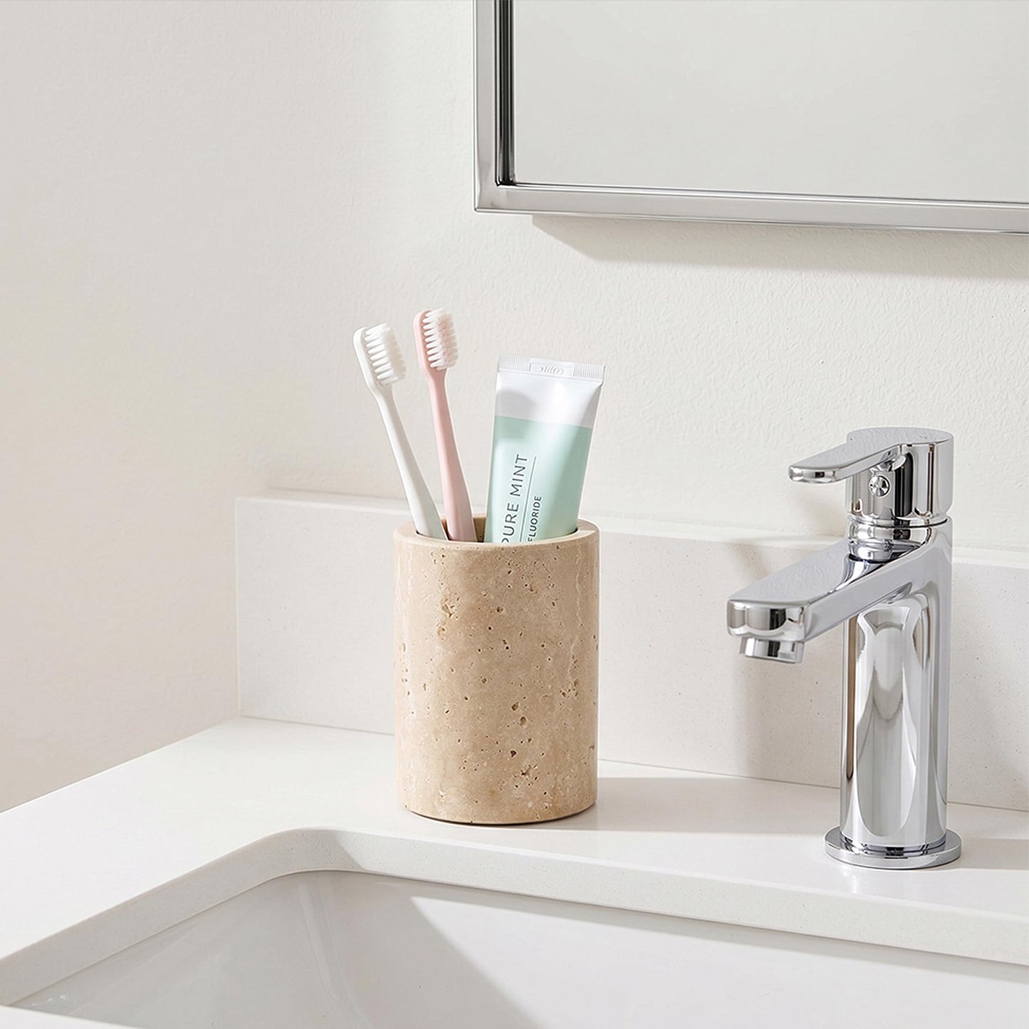 WORHE Travertine Stone Pen Holder for Desk, Handcrafted Volakas Sturdy Desk Organizer for Office Supplies Storage Desktop Stationary Makeup Brushes Cup Pencil Holders for Home Beige (WH101)