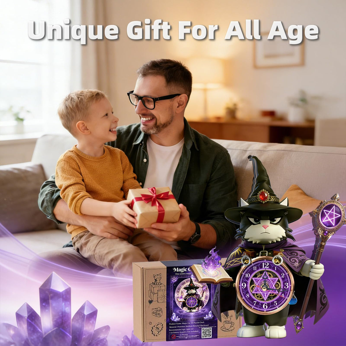 3D Wooden Puzzle Clock for Adults and Kids,Magic Cat Legend Wizard Cat 3D Stackable Design, 3D Puzzles for Adults Kids Room Home Decor, Unique Gift for DIY Enthusiasts & Fantasy Lovers
