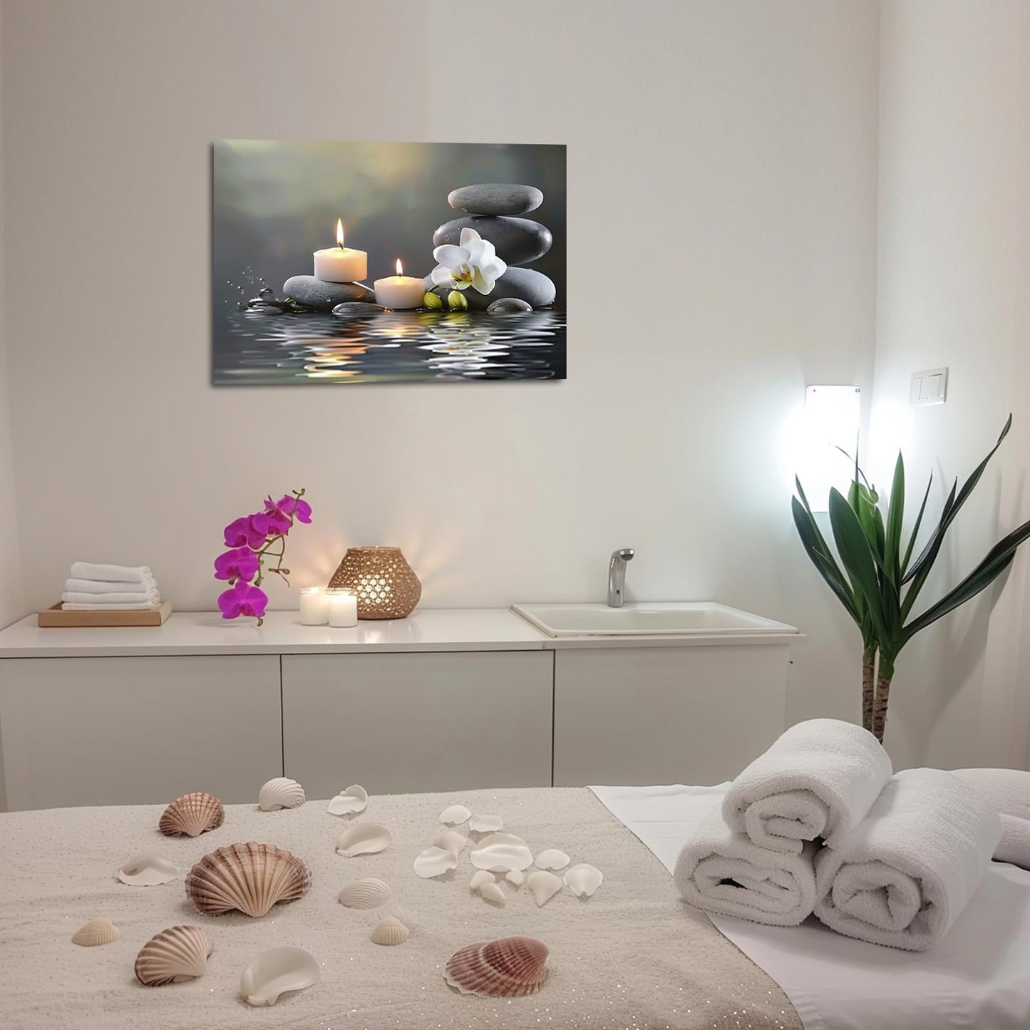 PBXBJY Bathroom Wall Art Orchid Flower with Black Zen Stone Pictures SPA Candle Picture Prints Still Life Canvas Painting for Meditation Spiritual Room Decor (White, (16.00" x 24.00"))