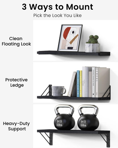 BAYKA Wall Mounted Floating Shelves, Wood Floating Wall Shelf for Books & Decor, Small Space-Saving Display & Organizer（Black，Set of 3）