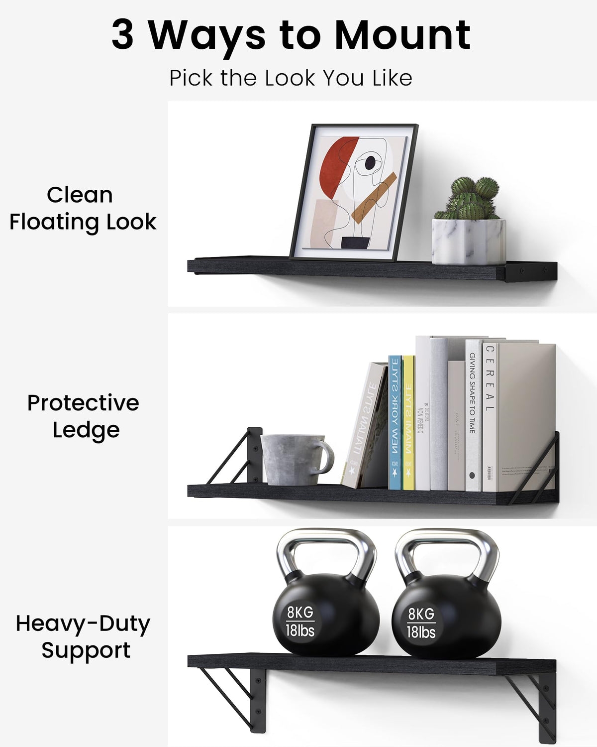 BAYKA Wall Mounted Floating Bathroom Shelves, Wood Wall Shelf for Bathroom Essentials & Decor, Space-Saving Display & Organizer (Black, Set of 4)