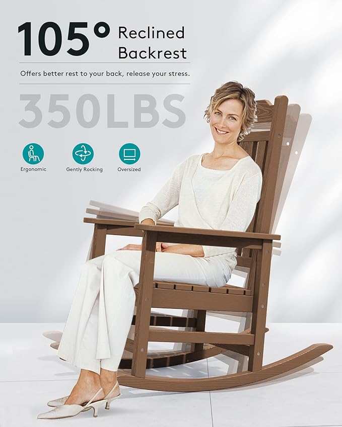 SERWALL Outdoor Rocking Chair Set of 6, Patio Rocking Chair Sets, HDPE Rocking Chair for Adults, Brown