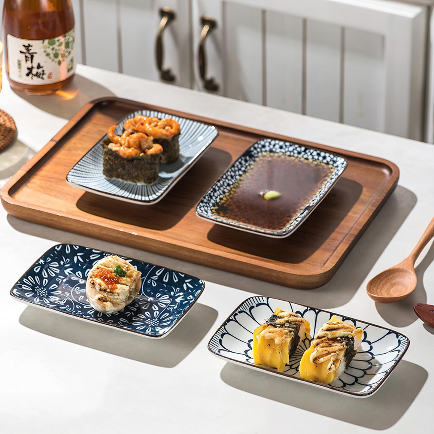 Kytree 4 Piece Japanese Sushi Plate Set, Rectangle Soy Sauce Dish Ceramic Dipping Bowl for Appetizer, Charcuterie, Dessert, Salad, Side Dishes