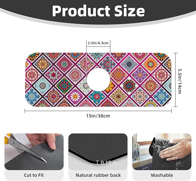 Boho Mandala Bohemian Floral Kitchen Sink Splash Guard Faucet Mat Super