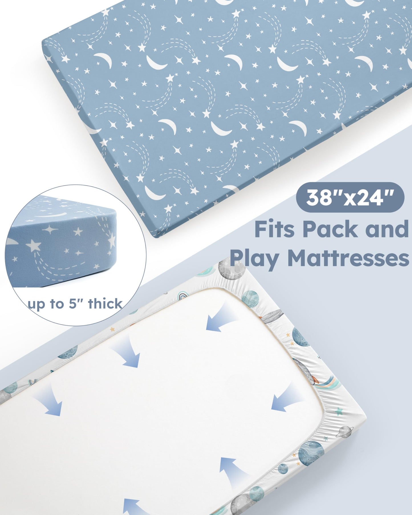 Nyessmee Pack and Play Sheets for Boys Girls, 38" x 26" Mini Crib Sheets Fitted for Pack n Play Mattress, Soft Breathable Playard Sheets, 2-Pack Blue Rocket