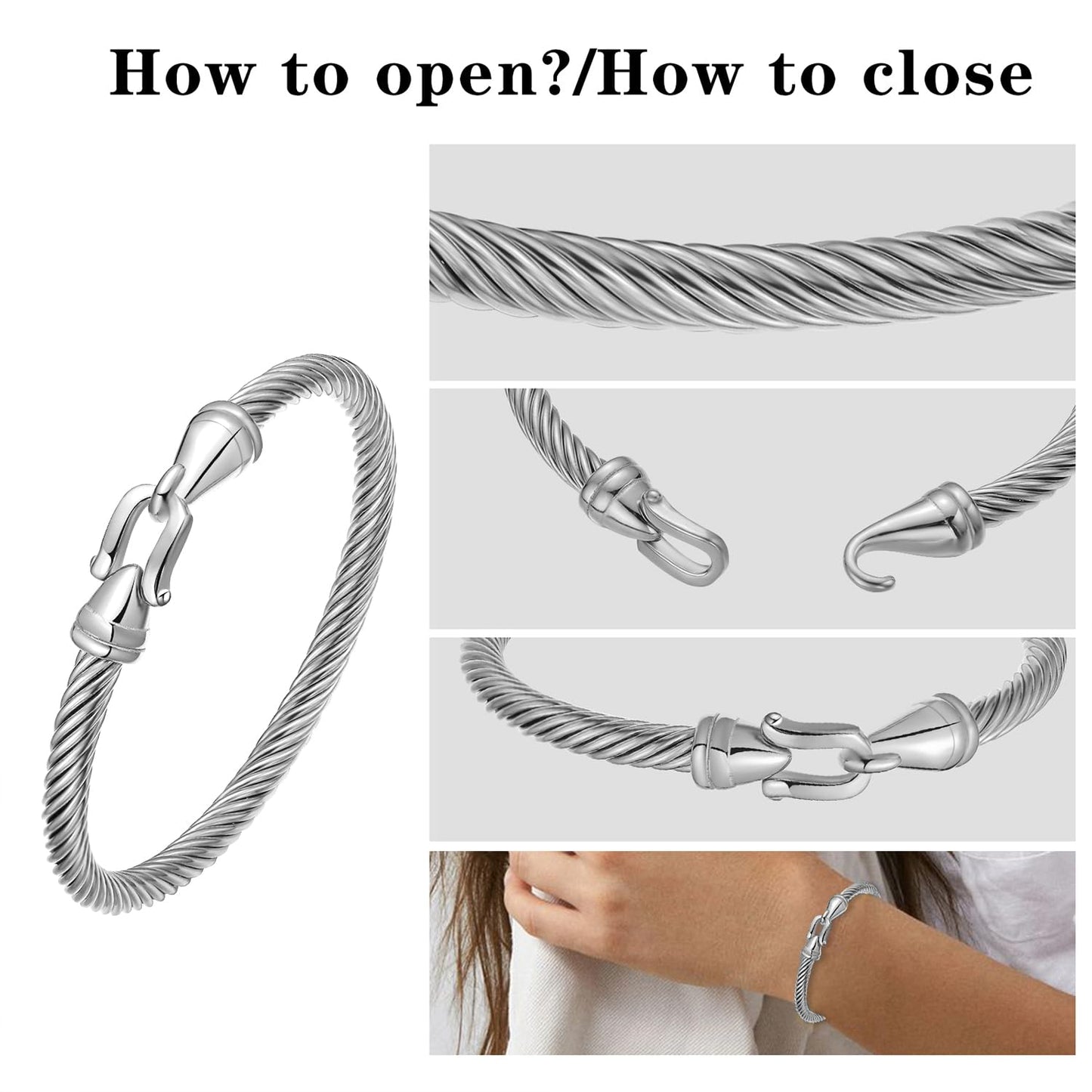 BOLAGTIER Stainless Steel Twisted Cable Wire Bracelets with Hook Adjustable Cuff Bangle Bracelet Vintage Jewelry Gift for Women (Silver, Medium)