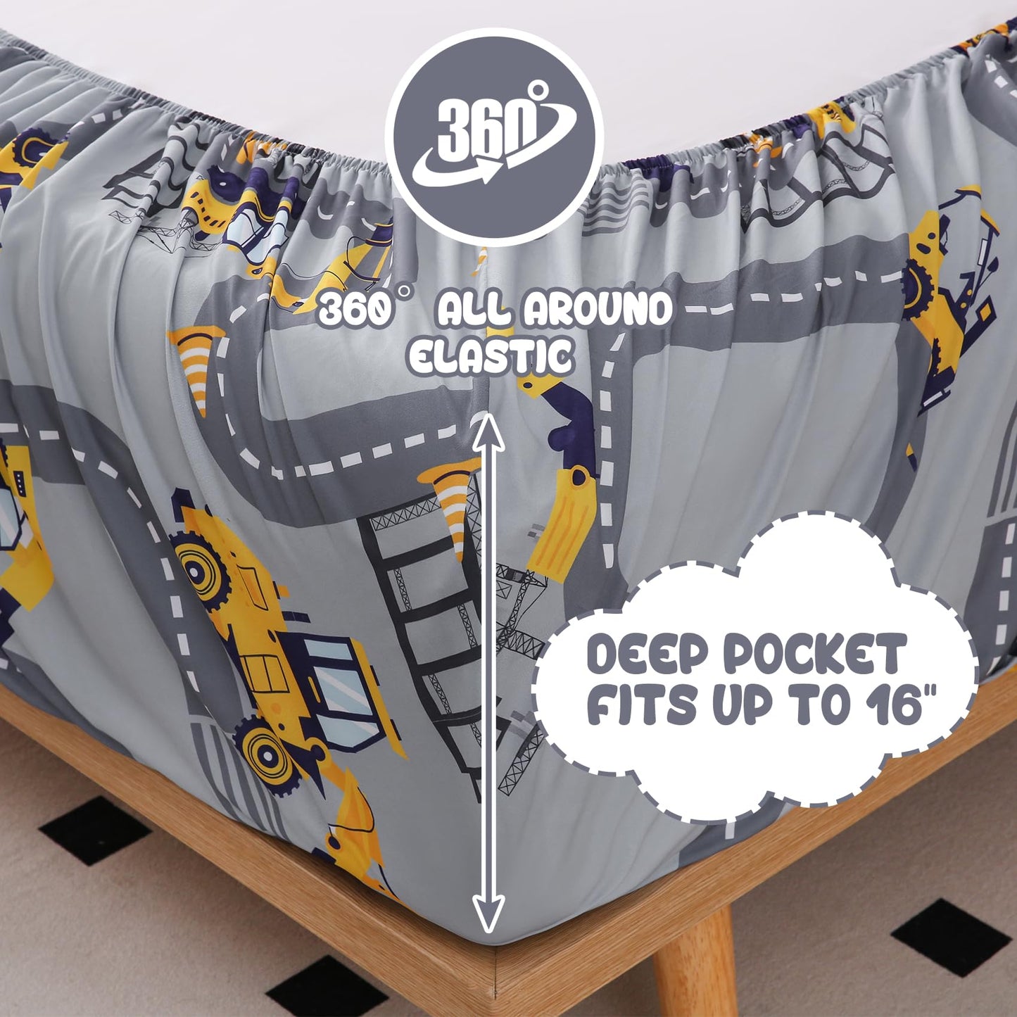 Yibeizi Full Size Sheets Set Kids, Grey Truck Pattern Microfiber Double Bed Sheets, Cute Soft Oeko-Tex Extra Deep Pocket Sheets & Pillowcases Cooling Hypoallergenic Wrinkle Free Bedsheets