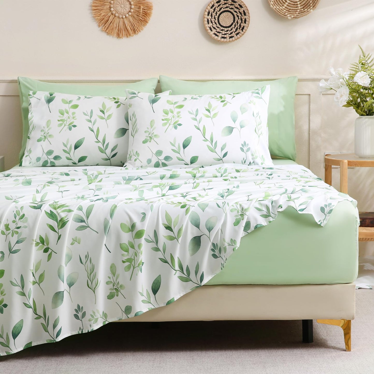 Botanical 6-Piece King Size Sheets Set, Boho Floral Print Brushed Microfiber Sheets, Cooling Bed Sheet Set, Ultra Soft & Breathable, 16' Deep Pocket Fitted Sheet & Pillowcase Set, Sage Green Leaves
