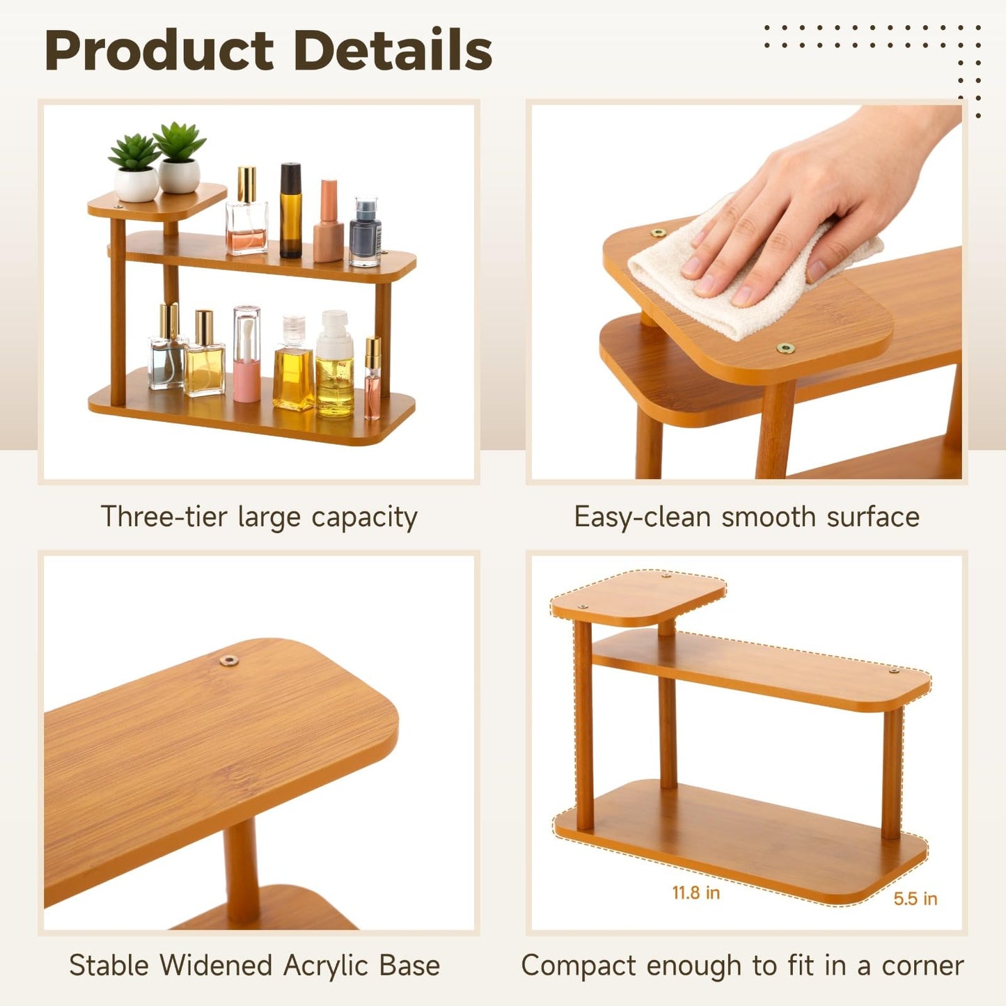 Joyoolife 3-Tier Wooden Makeup Organizer Shelf, Countertop Perfume Rack Organizer with Vertical Open Design, Compact Cosmetic Storage Stand for Bathroom, Bedroom, Vanity, Dressing Table and Kitchen