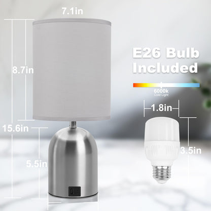 Fttoyoly Bedside Table Lamp for Bedroom, 3 Way Dimmable Touch Small Desk Lamp for Office with USB Charging Port Lamps for Living Room, Bedroom, Reading Room, Office, Grey/Sliver, Silver