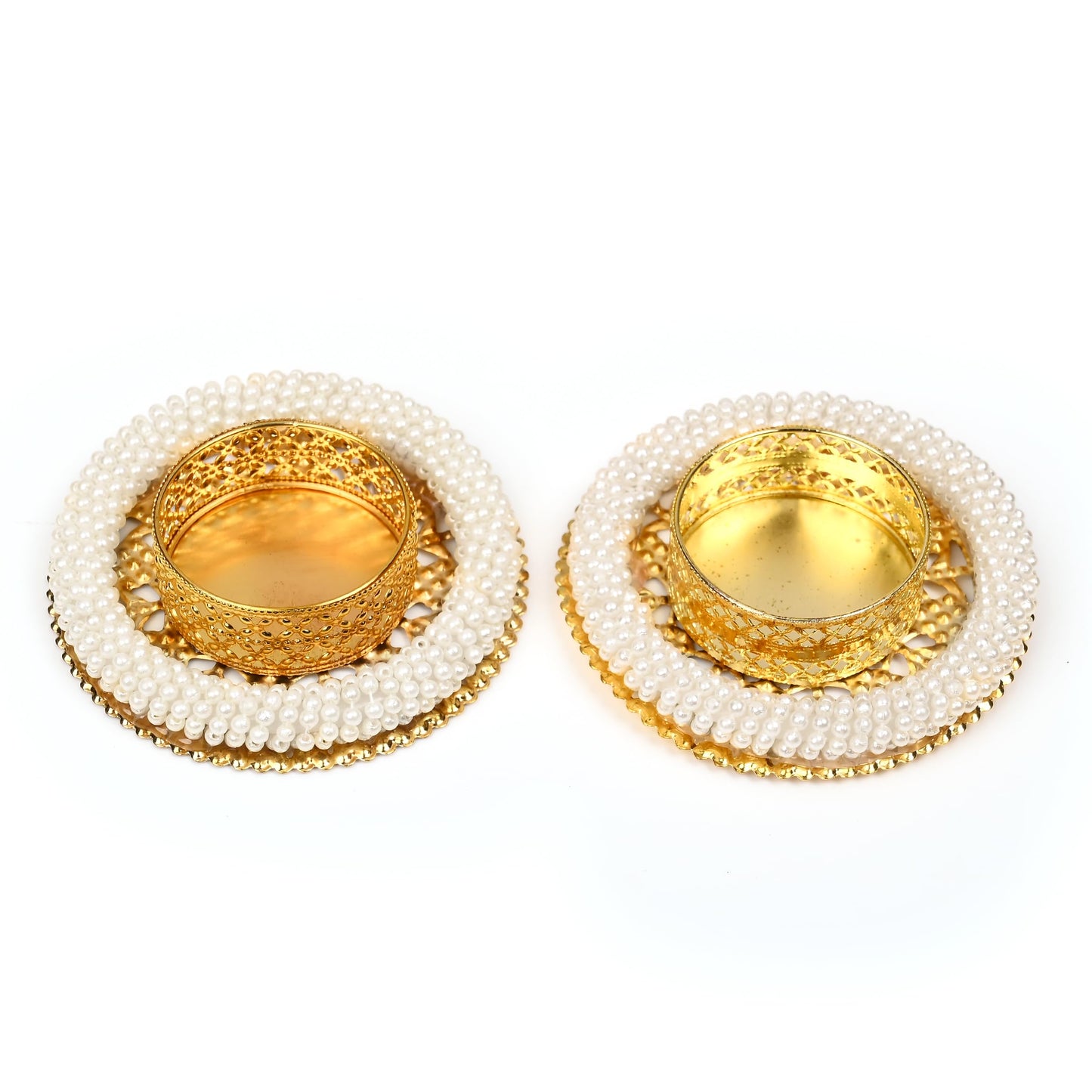 Set of 2 Pearl Moti Design T Light Holder Candle Stand Tealight T-Light Holders for Indian Traditional Diwali Decorations Lighting Accessories Wedding Home Decor(without Wax)(Size:-3)(White,Golden)