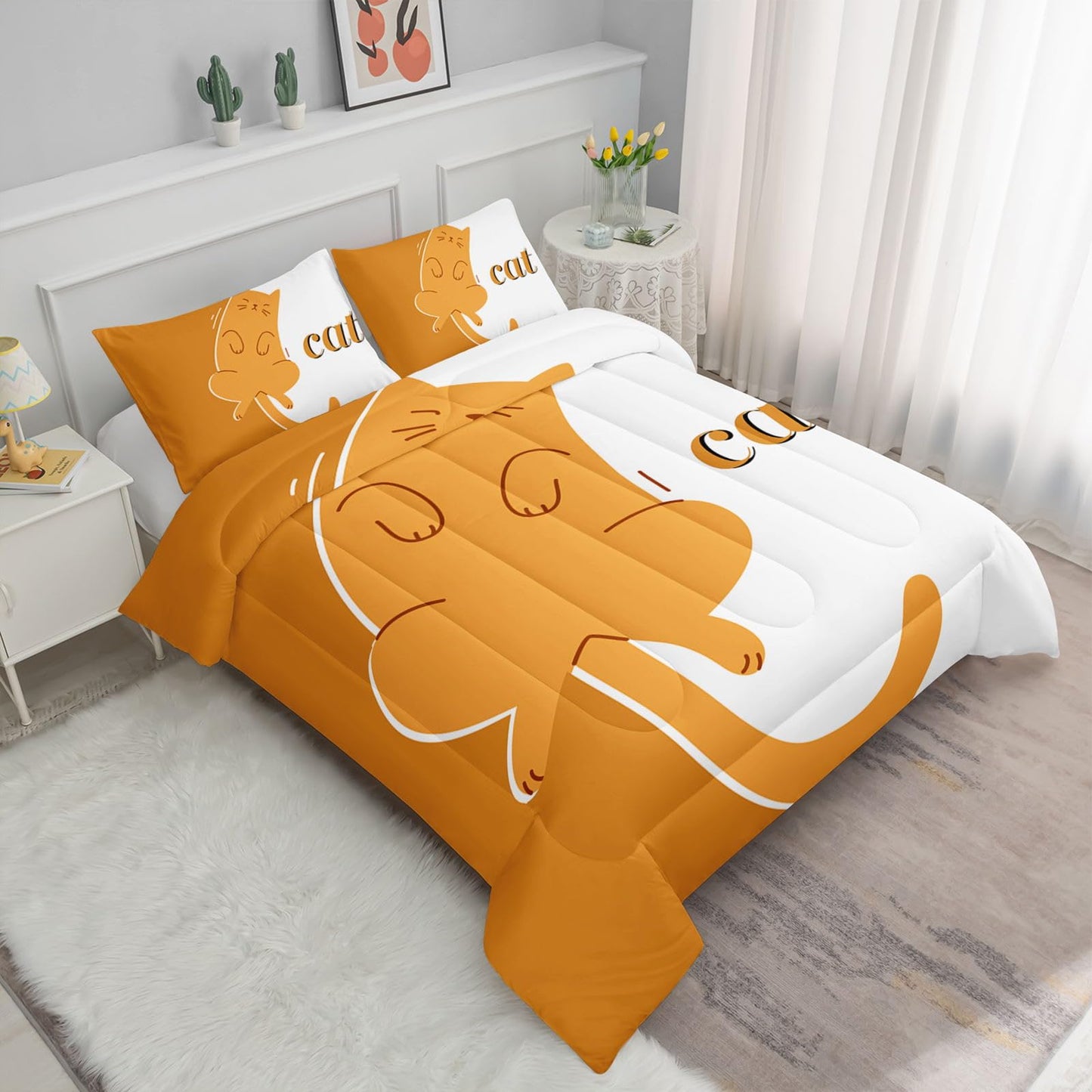 Smell Sunshine Orange Cat Comforter Set Cartoon Animal Printed Bedding Set with 1 Comforter and 2 Pillowcases for Boys and Girls Bedroom All Season(Cat Twin)