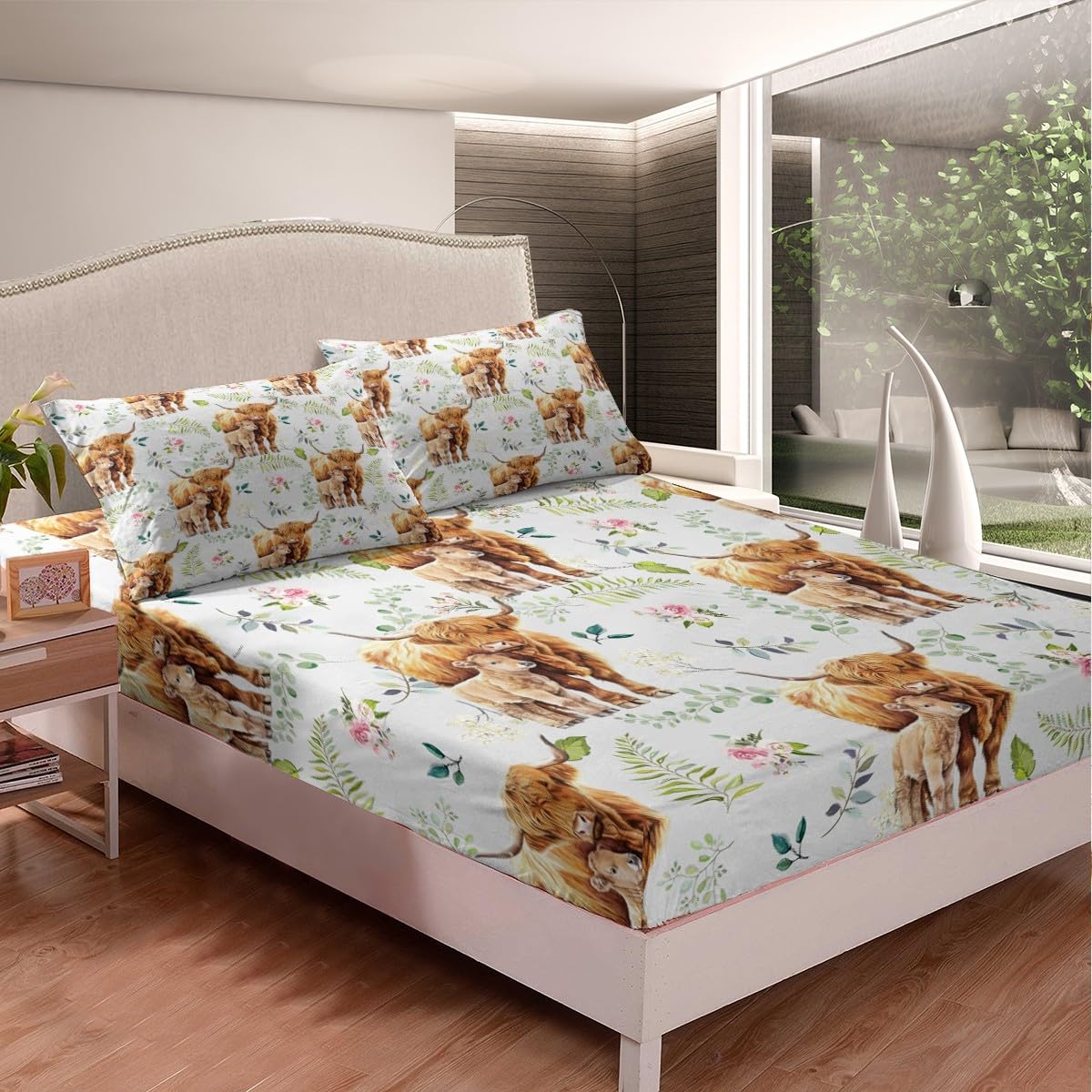 Erosebridal Rustic Cow Sheet Set Full,Retro Cowhide Bed Sheets for Kids Boys Girls,Highland Cow Mother Kid Bedding Set,Farmhouse Rose Flower Leaf Fitted Sheet + Top Sheet + 2 Pillowcases