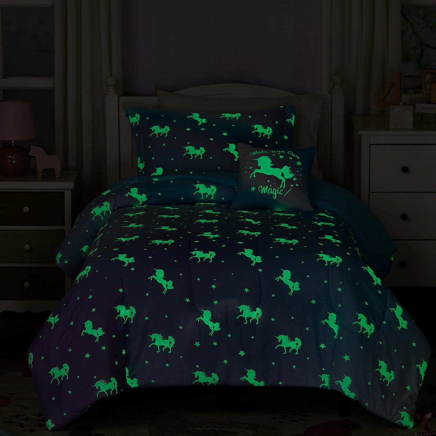 Wink Deer Twin Comforter Set for Girls-3 Pieces Unicorn Glow in the Dark Twin Bedding Sets for Kids,1 Comforter,1 Sham and 1 Decor Pillow