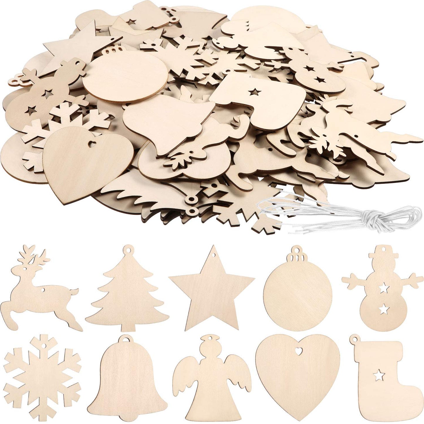 Tatuo 120 Pieces Unfinished Wooden Ornaments Christmas Wood Ornaments Hanging Embellishments Crafts for DIY, Christmas Hanging Decoration in 10 Shapes