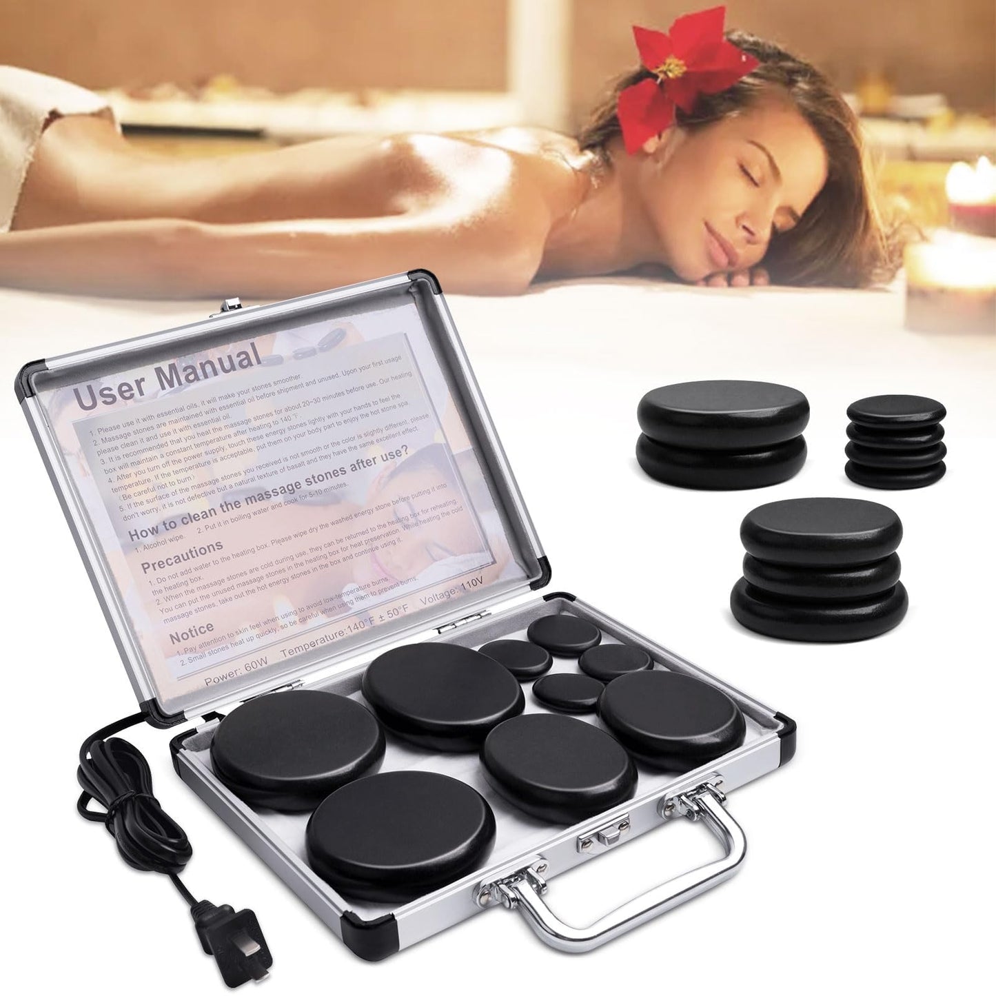 Primachen Hot Stones Massage Warmer Kit, 9Pcs Hot Stones Massage Set Portable Hot Stone with Heater, Hot Rocks Basalt Massage Stones for Home Spa Warming Therapy Relaxing Gift