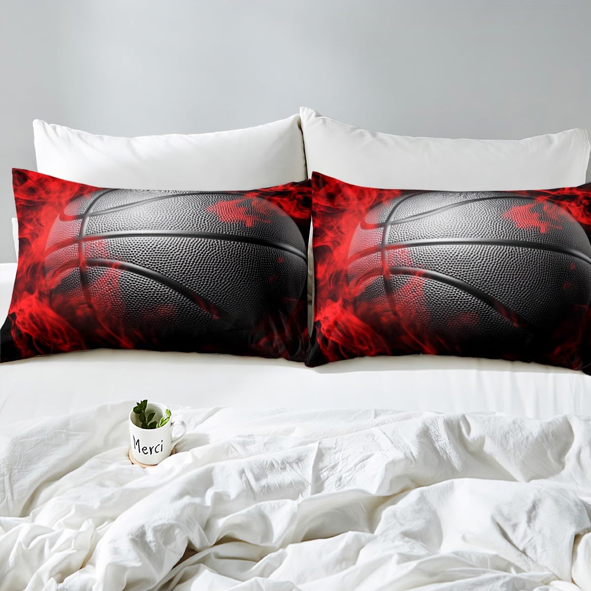 Homewish Basketball Duvet Cover Set Sports Theme Bedding Set 3pcs for Kids Boys Teens Red Flame Basketball Comforter Cover King Size Game Room Bedspread Cover with 2 Pillowcases (No Comforter)