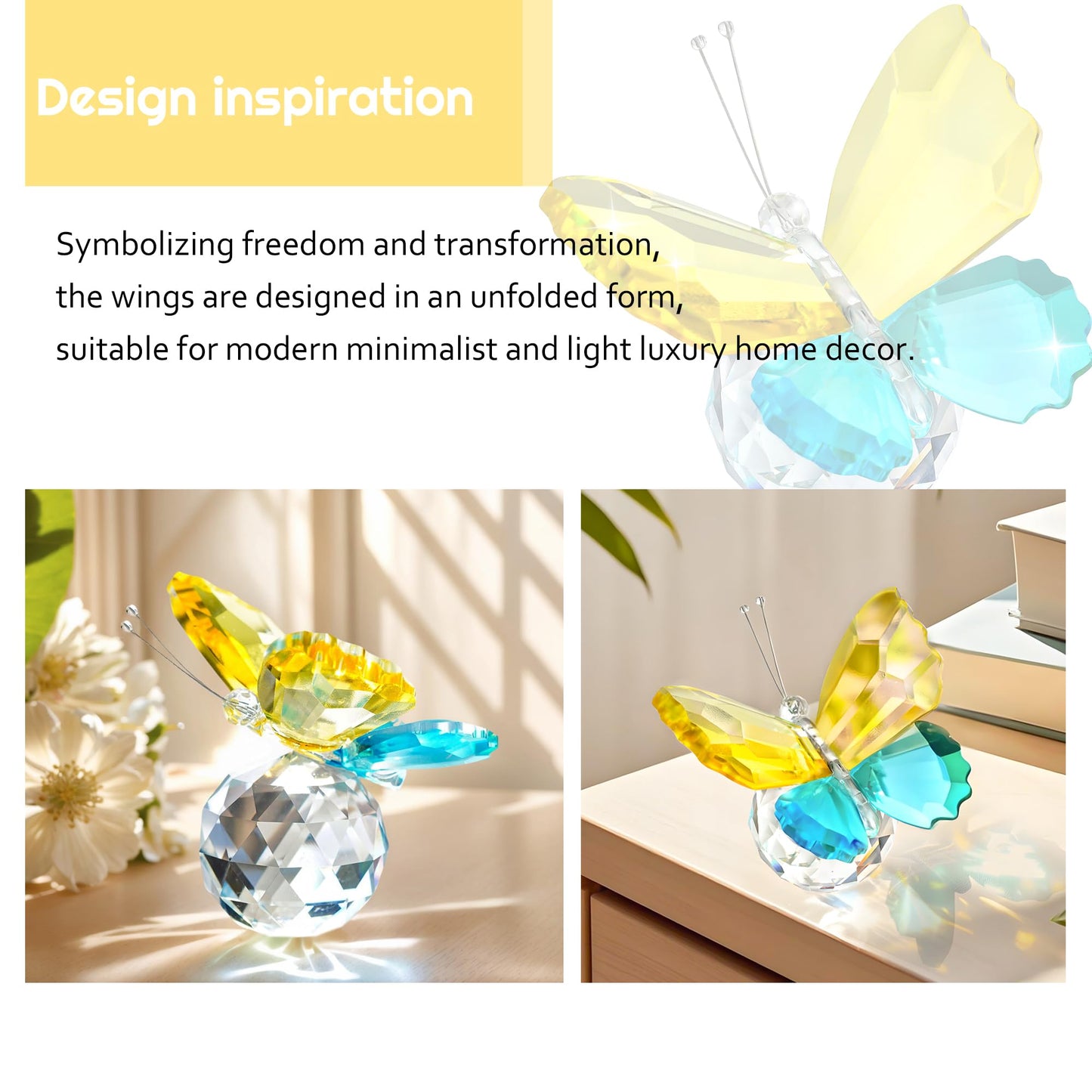 H&D HYALINE & DORA Crystal Butterfly Figurines Gifts for Women, Flying Butterfly Collectible Figurines Paperweights for Tabletop Home Decor (Yellow & Cyan-Blue)
