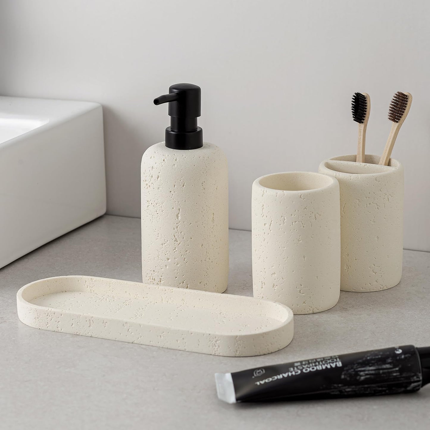 WUUAHOME Bathroom Accessories Set, 4 Piece Travertine Stone Look Collection, Modern Bath Organizer with Soap Dispenser, Toothbrush Holder, Tumbler, Vanity Tray for Countertop Kitchen Sink (Off White)