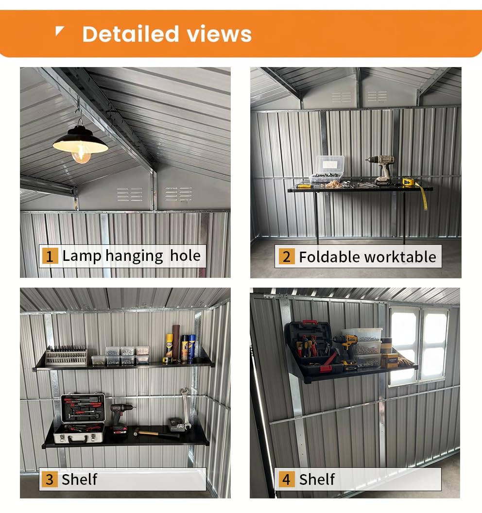 YOPTO 12x10 FT Outdoor Storage Shed,Metal Shed W/Goods Shelves & Window,Garden Tool House W/ 2 Vents & Lamp Hanging Hole & Apex Roof and Lockable Doors,for Backyard Patio Lawn,White+Black