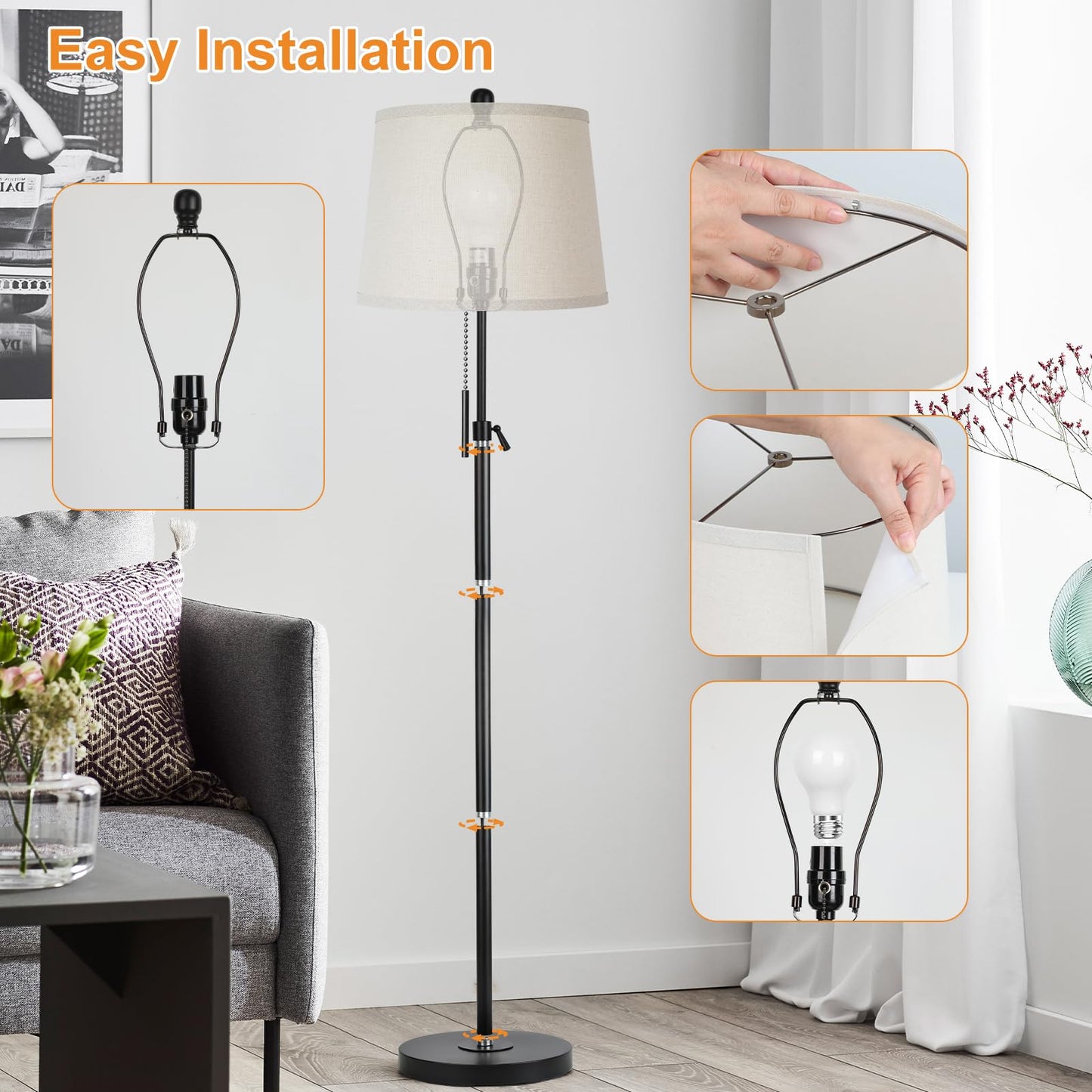JUNNAI Floor Lamps for Living Room, Black Floor Lamp Adjustable Height Standing Lamp, Dimmable Modern Tall Floor Lamp for Bedroom Office with Beige Linen Shade, 8W 3000K Bulb Included
