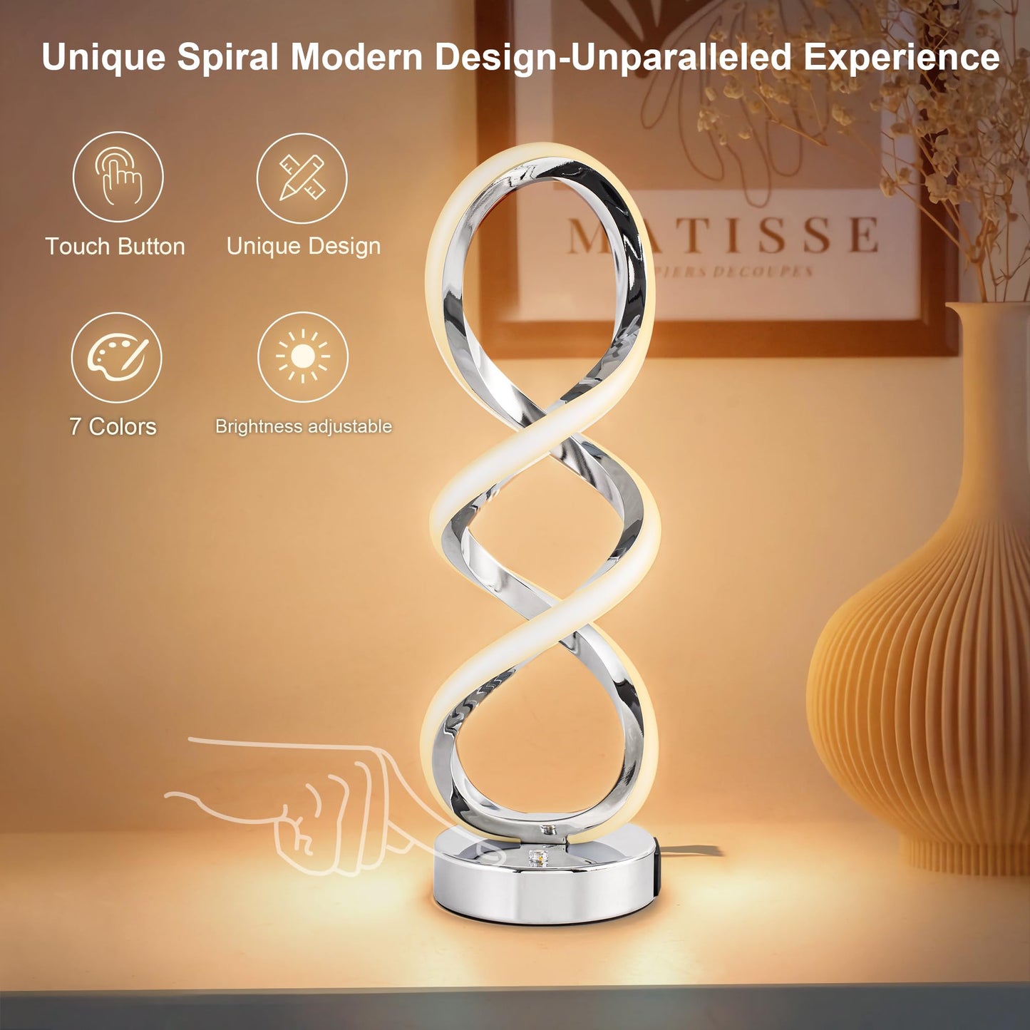 Adebime Modern Spiral RGB Table Lamp, Touch Dimmable Bedside Lamp, 7 Colors 10 Light Modes Spiral Design Table Lamp, Unique Nightstand Lamp for Living Room, Bedroom, Cool Lamps, Silver
