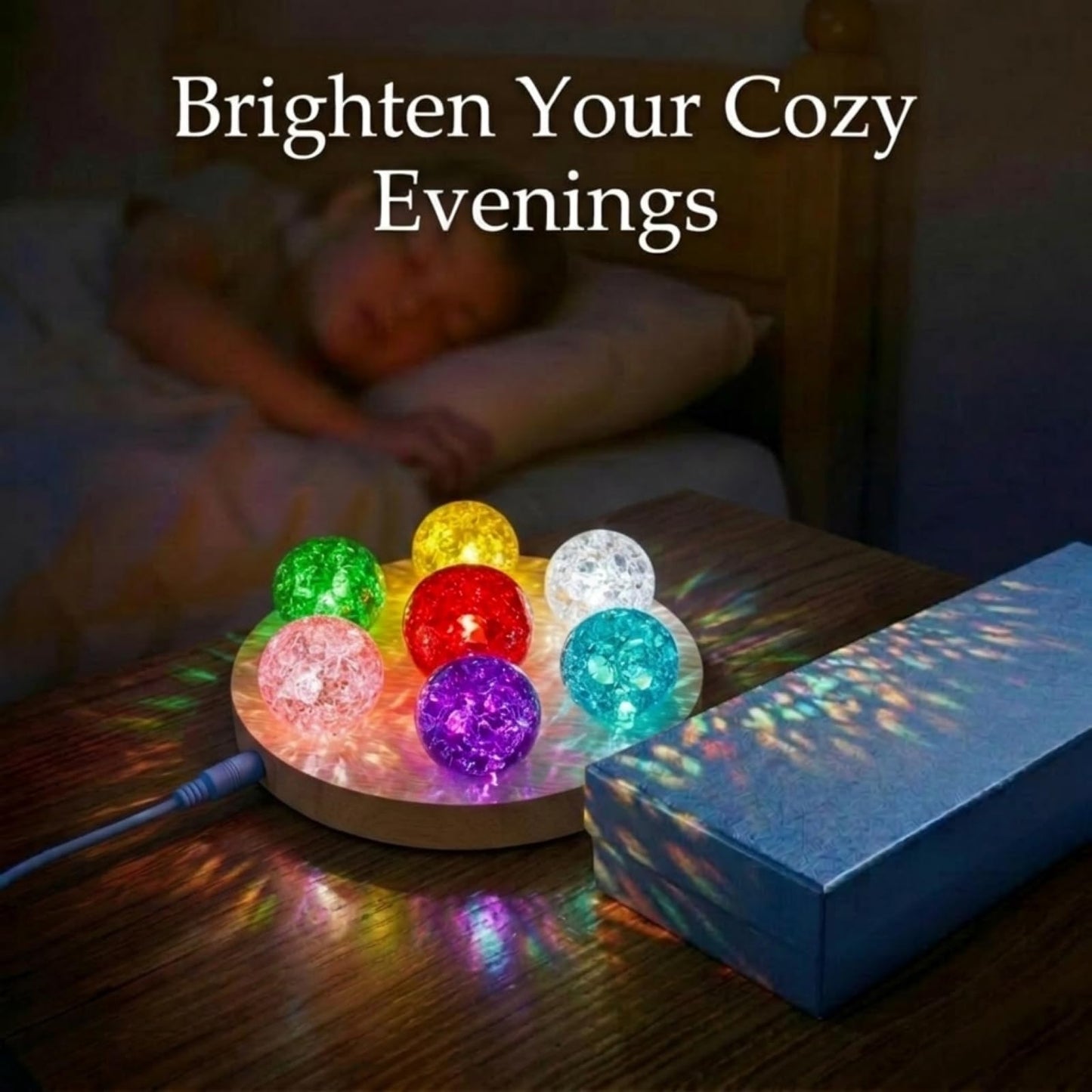 JINWU ClearPeak 7 Colors 40mm Ice Cracked Crystal Balls, Chakra Healing Sphere with LED Wooden Base, Glass Night Light for Home Living Room Meditation, Valentines Day (Set 7-Rainbow-Round)