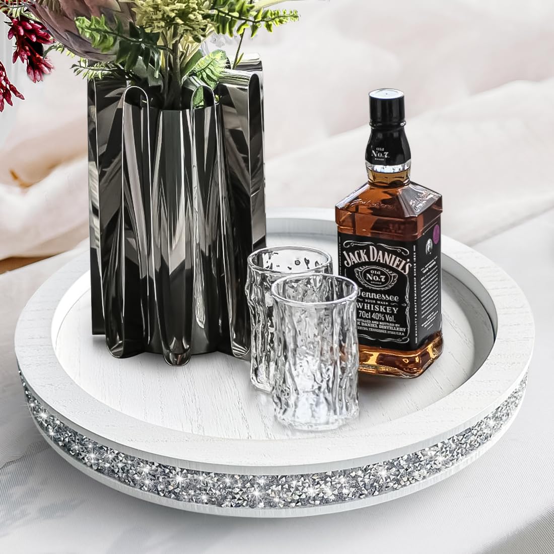 12 inch Round Wood Tray, Acrylic Diamond Decoration, Decorative Tray for Living Room, Coffee Table or Kitchen Table Service Tray, White