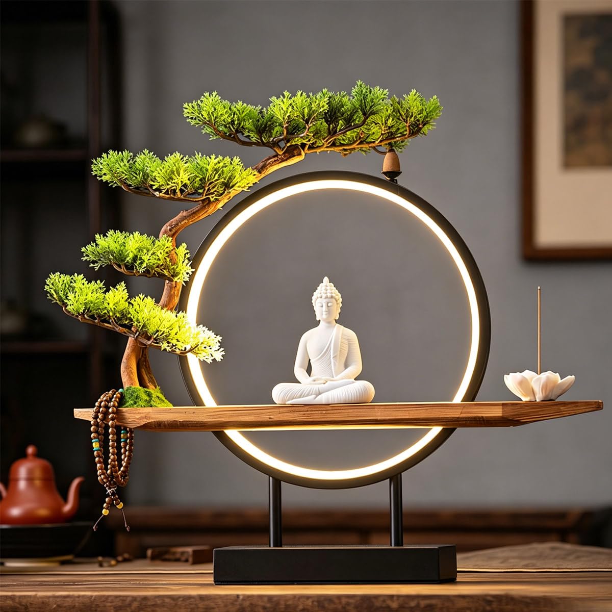 TXYXT Shakyamuni Buddha Ceramic Statue Indoor Backflow Incense Burner with Led Ring Light，Meditation Decoration for Home and Office, Suitable for Cone and Stick Incense