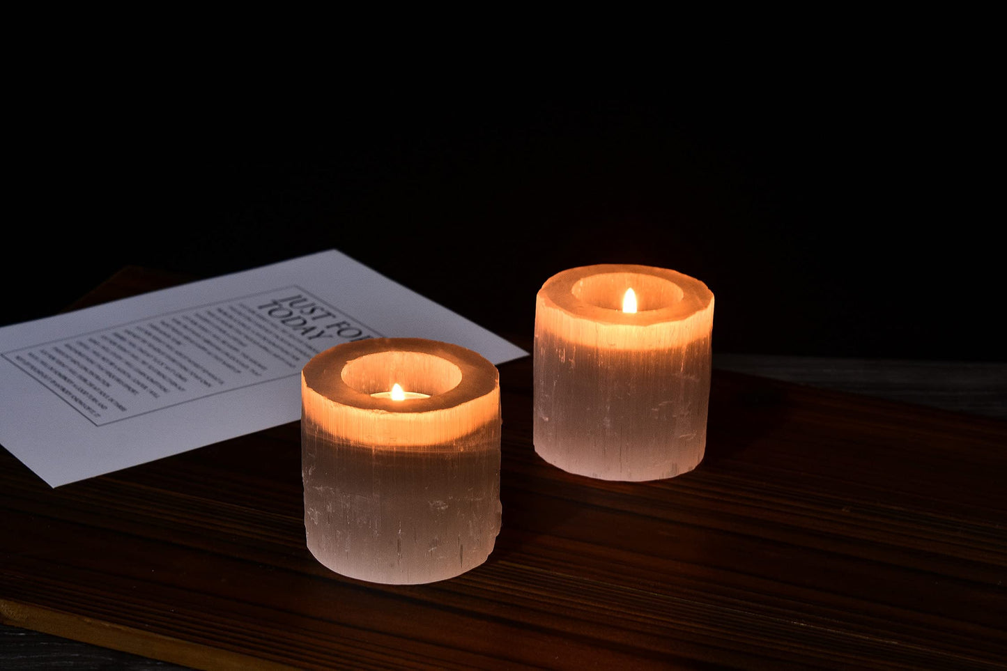 AMOYSTONE Selenite Tealight Holders Natural Crystal Candle Holders Decorative Tealight Candlestick White Candle Stand 2.5" 2PC